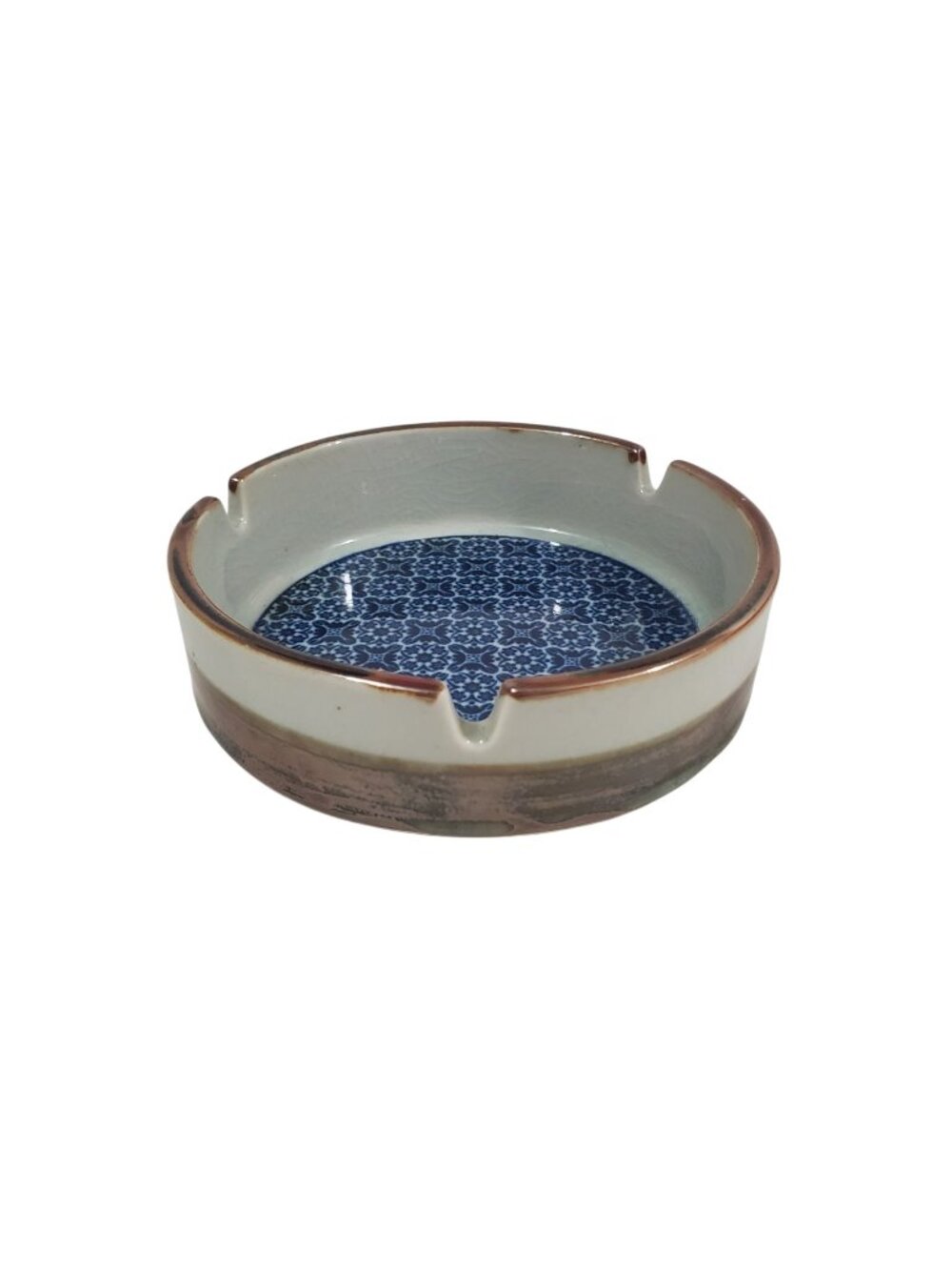 Vtg Portuguese Ceramic Stoneware Ashtray Blue Patterned Base Rustic Brown Rim 5"